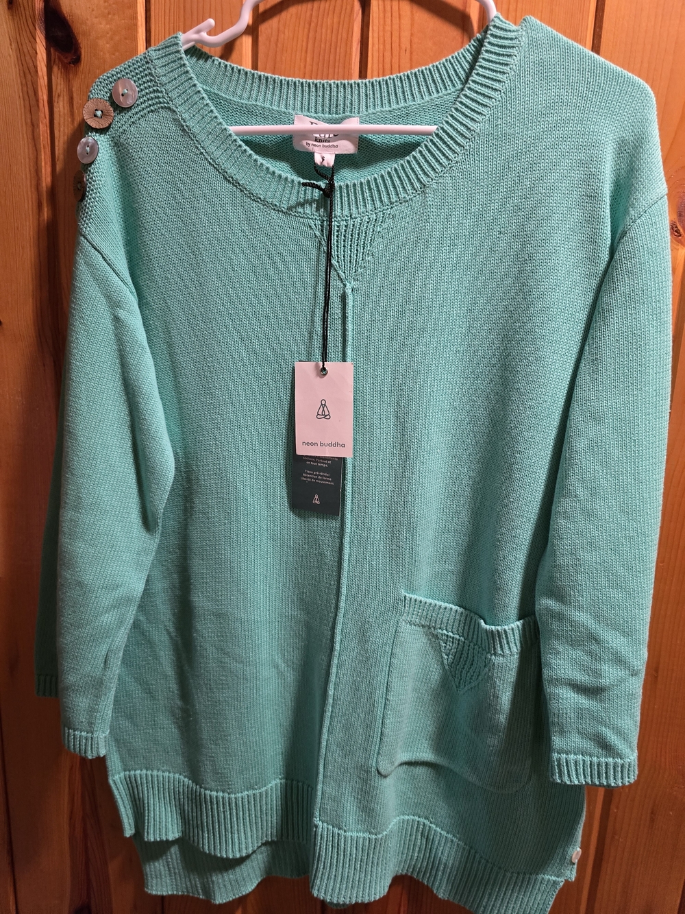 Neon Buddha Pure Knites Aqua Button Shoulder Sweater NWT S